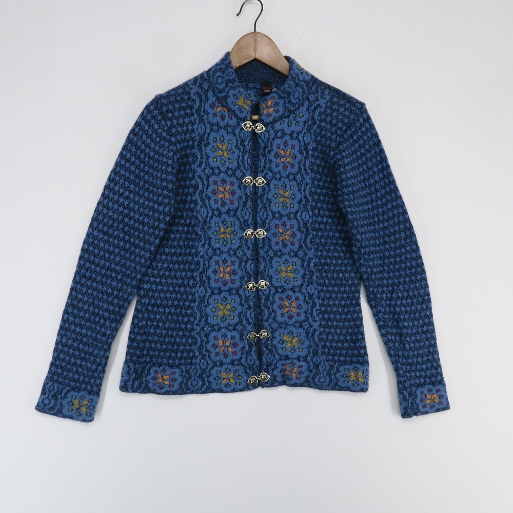 Tabask Cardigan Sweater Womens S Blue Floral Embroidered Alpaca Blend